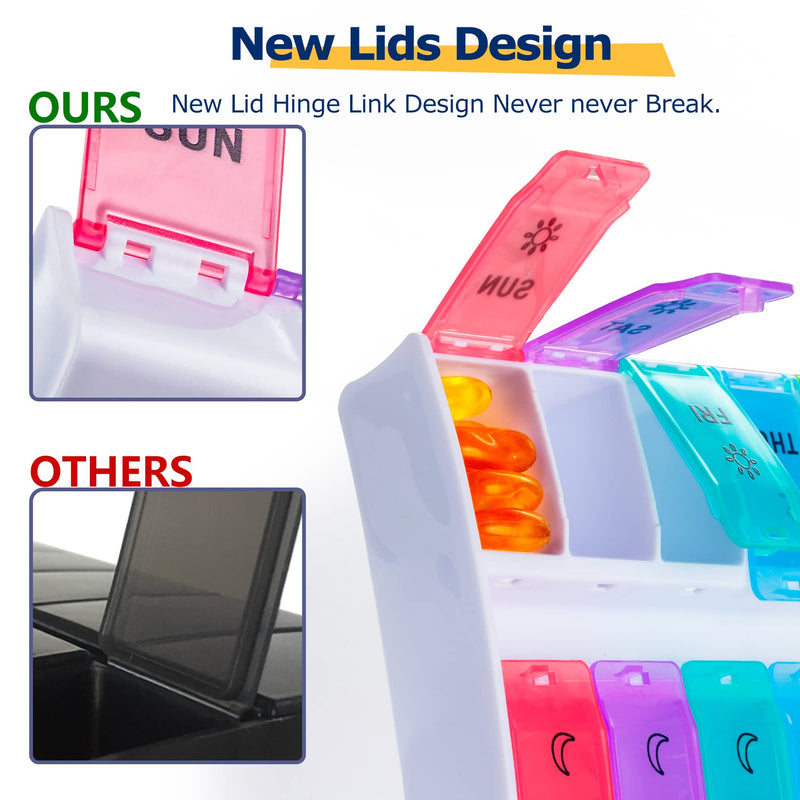XL Large Pill Organizer 7 Day, Weekly Medicine Pill Box 2 Times a Day，Am Pm Pill Case Organizer 14 Compartments with Hinged Lids Design，Daily Vitamin Box Pill Dispenser for Fish Oil/Supplements Multicoloured - BeesActive Australia