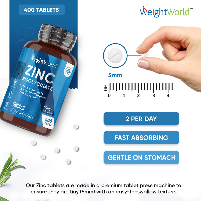 High Strength Zinc Tablets 50mg � 400 Vegan Zinc Bisglycinate Tablets 6+ Months Supply � High Absorption Zinc Supplements for Skin, Hair and Nail - Immunity Supplements for Men & Women - BeesActive Australia