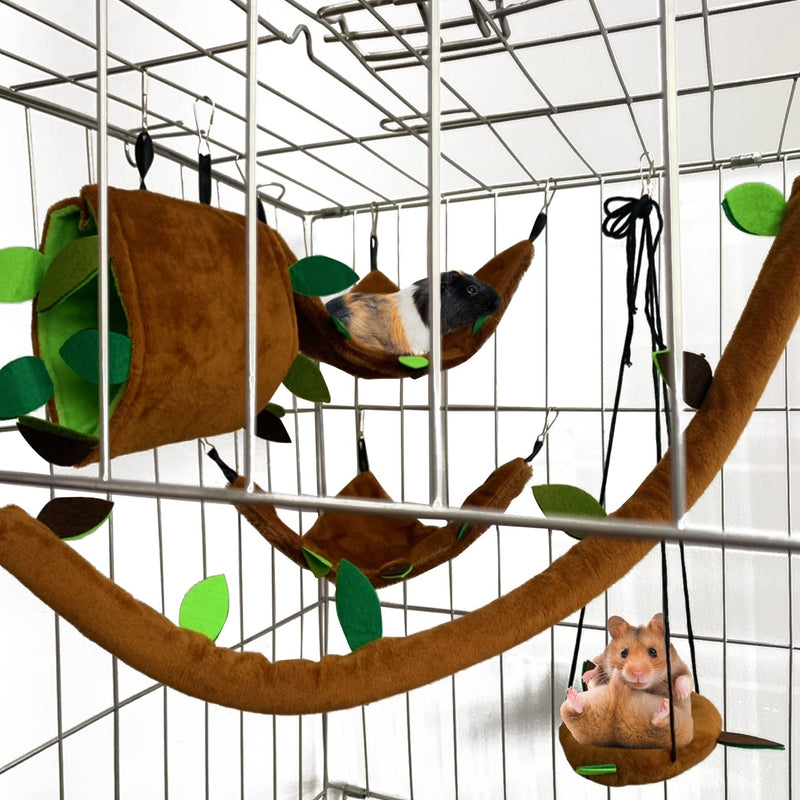 MUYG Hamster Hammock,Small Animal Hanging Hideout Tunnel Sleeping Set Plush Swing Warm Bed House Cage Nest Accessories for Sugar Glider,Squirrel,Brown(5 Pcs) - BeesActive Australia