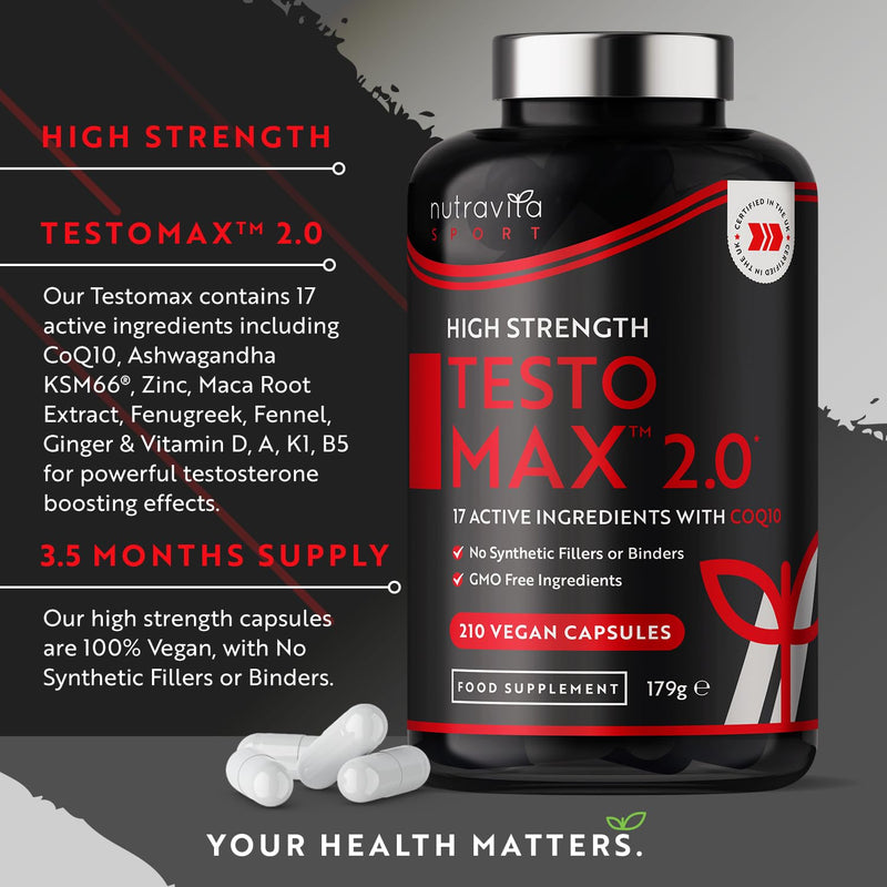 Test Booster for Men - 210 Vegan Capsules - 1450mg per Testosterone Supplement Serving - TESTOMAX™ 2.0 Contains 17 Active Ingredients Incl. Ashwagandha KSM 66®, CoQ10, Maca Root - Made by Nutravita - BeesActive Australia