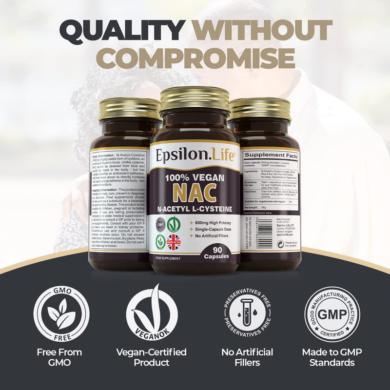 NAC 600mg Vegan Supplement - N-Acetyl-Cysteine Nutritional Supplements - 90 Capsules - Made in The UK - No Artificial Fillers - Just NAC and Rice Flour - BeesActive Australia