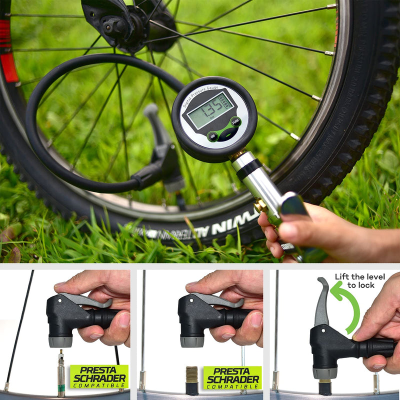 Digital Universal Bicycle Tire Inflator Gauge with Auto-Select Valve Type - Presta and Schrader Air Compressor Tool - BeesActive Australia