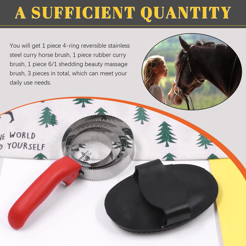 Tanstic 2Pcs Horse Brushes for Grooming Set, Including 4 Rings Reversible Stainless Steel Curry Comb Curry Horse Brush and Rubber Curry Horse Brush for Horse Dog Sheep Goat Shedding Grooming B Kit - BeesActive Australia