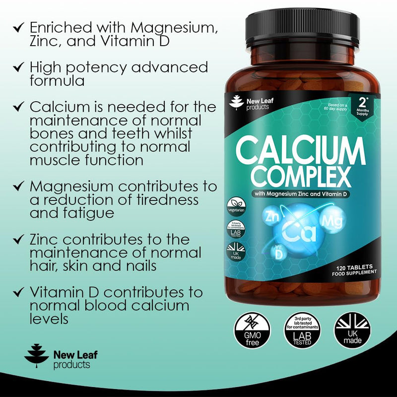 Calcium Magnesium Zinc and Vitamin D - Calcium Supplement - 120 High Strength Calcium Tablets Supplement Calcium Magnesium Vitamin D, Zinc Tablets - Calcium Complex Made in The UK by New Leaf - BeesActive Australia