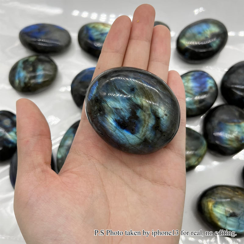 Labradorite Healing Stones, Natural Palm Stone, Healing Crystals Polished Gemstone Irregular Banded Pocket Worry Stones with Energy - Large Size Reiki Crystal Used for Intuition with a Bag - BeesActive Australia