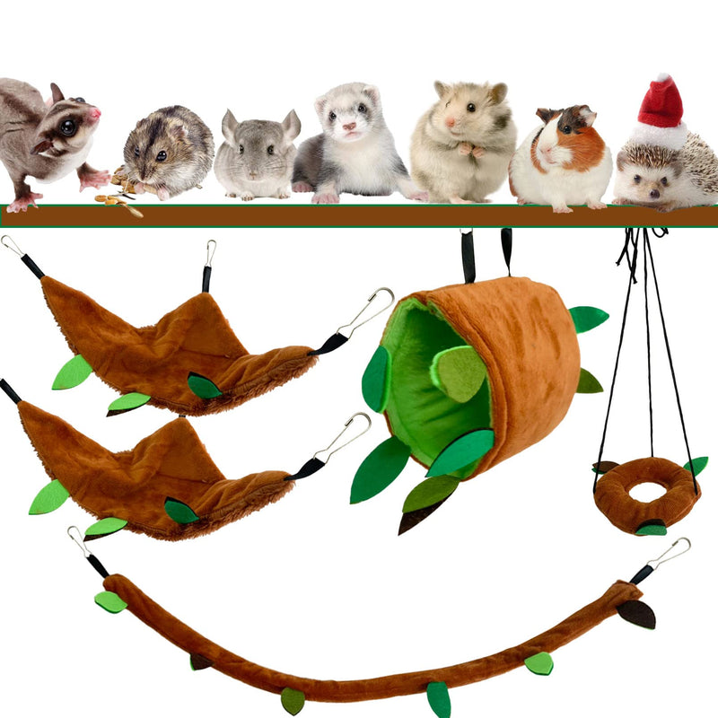 MUYG Hamster Hammock,Small Animal Hanging Hideout Tunnel Sleeping Set Plush Swing Warm Bed House Cage Nest Accessories for Sugar Glider,Squirrel,Brown(5 Pcs) - BeesActive Australia