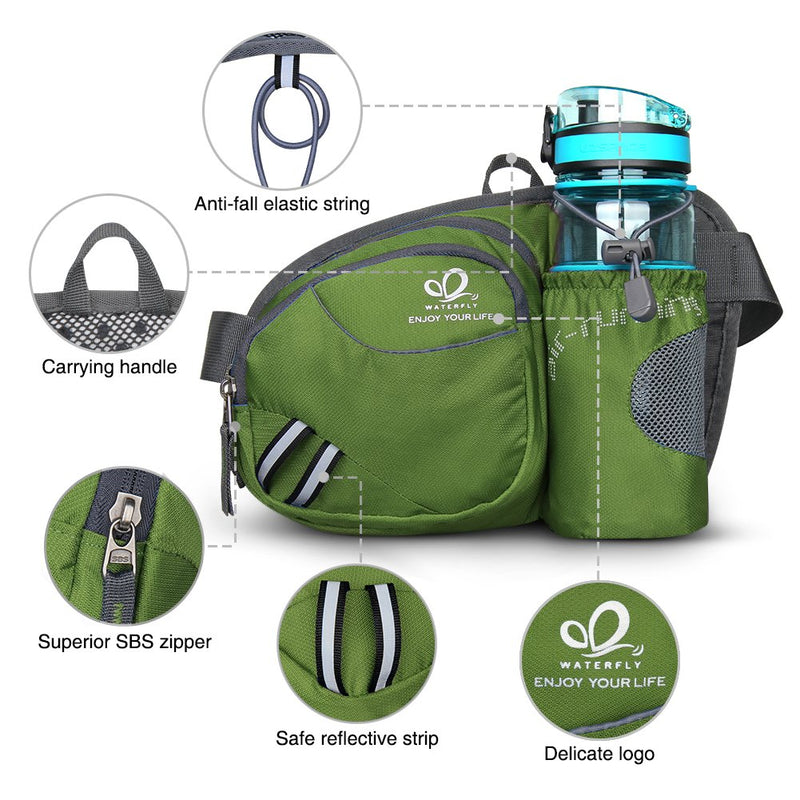 WATERFLY Hiking Waist Bag Fanny pack with Water Bottle Holder for Men Women Running & Dog Walking Can Hold iPhone8 Plus Screen Size 6.5inch Army Green - BeesActive Australia