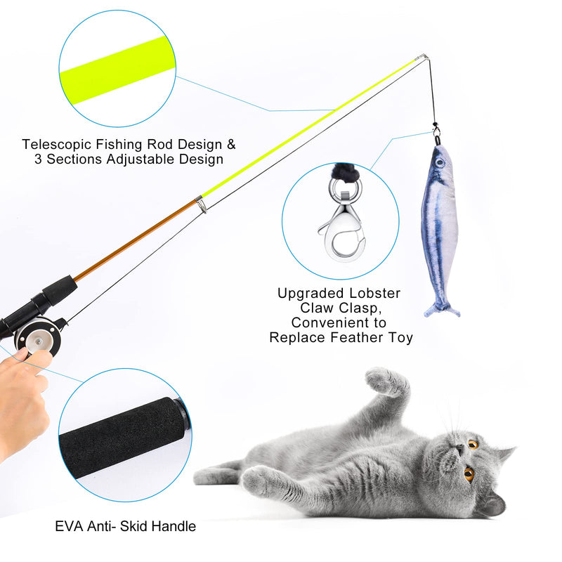 Cat Fishing Pole Toy, 1 Retractable Cat Wand 4 Replacement Attachments with Feathers Fish Dragonfly Caterpillar with Crinkle Paper Interactive Kitten Toys Gifts with Detachable Bells Nylon Rope 5PCS CAT FISHING POLE TOY - BeesActive Australia