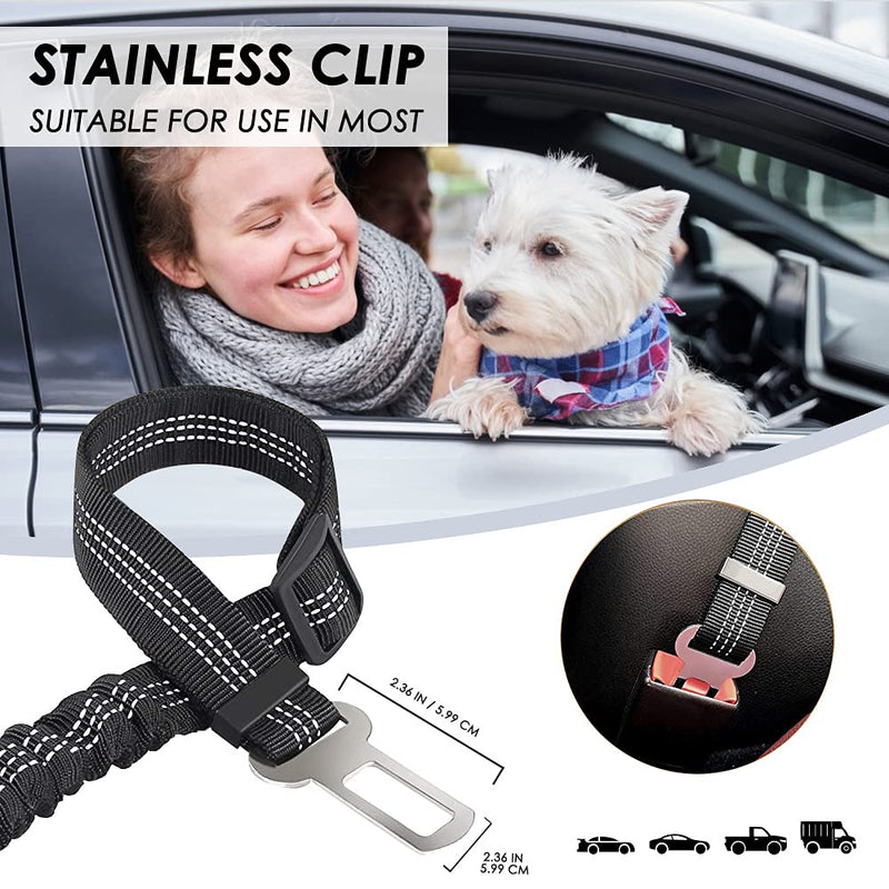 SlowTon Dog Car Seat Belt, Pet Safety Seatbelt Strap Adjustable Retractable Elastic Reflective for Vehicle Heavy Duty Tether for Dogs Cats with Collapsible Dog Bowl Portable Travel Set Black 1 Pack - BeesActive Australia