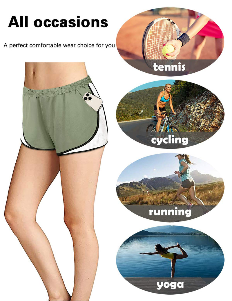 [AUSTRALIA] - Fulbelle Womens Double Layer Elastic Wasit Running Athletic Shorts with Pockets X-Large Green/White 