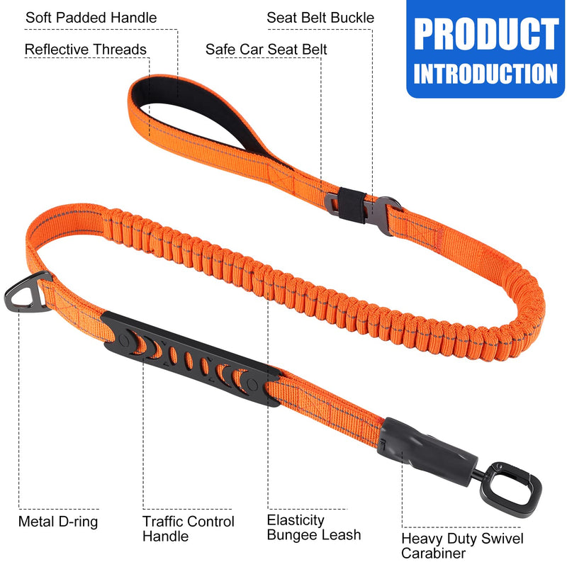 Emergency Auto Unlock Dog Leash, SLGOL 4-5FT Heavy Duty Elastic Bungee Dog Leash with Car Seatbelt, Shock Absorbing, with Comfortable Padded Handle and Traffic Handle Suitable for Dog Training Orange - BeesActive Australia