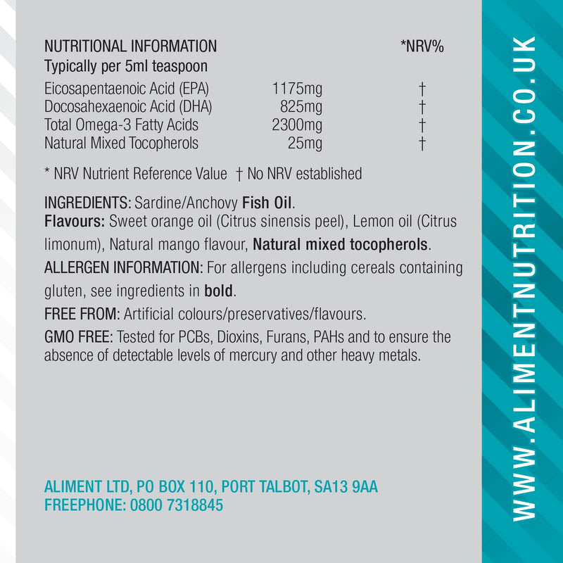 Aliment Premium Omega 3 Fish Oil Liquid 1800mg Per 5ml EPA & DHA High Strength Fish Oil 225ml Orange Flavour No Fishy Odur or Taste Natural Fish Oil from Anchovies & Sardines Contaminant Free - BeesActive Australia