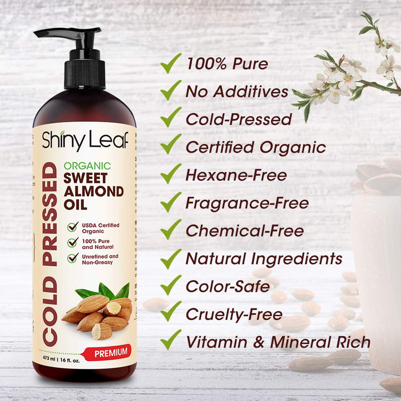 Organic Sweet Almond Oil for Hair and Skin, 100% Pure and Cold-Pressed, Hexane-Free, Lightweight, Non-Greasy Skin Moisturizer, Nourishing Massage Oil, Effective Carrier Oil by Shiny Leaf 16 fl. oz. - BeesActive Australia