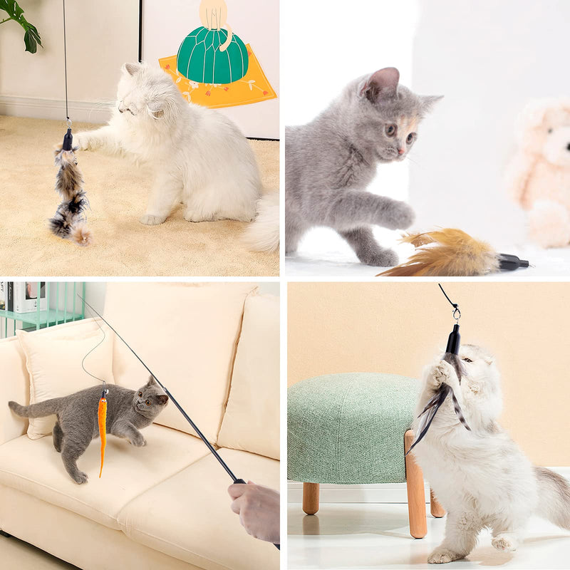 Retractable Cat Wand Toy for Indoor Cats Interactive Cat Feather Toys with Bell 8 Packs Kitten Toys with Fishing Pole Replaceable Worm Feather Tail Cat String Toy Gift for Indoor Outdoor - BeesActive Australia