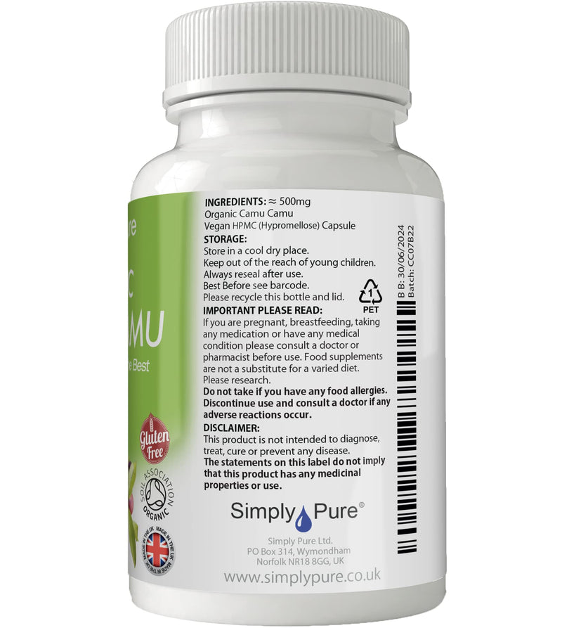 Simply Pure Organic Camu Camu Capsules x 90, 500mg, 100% Natural Soil Association Certified, Gluten Free, GM Free and Vegan. - BeesActive Australia