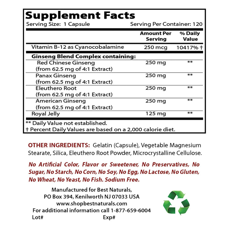 Best Naturals Ginseng Complex 1000 mg 120 Capsules (120 Count (Pack of 1)) 120 Count (Pack of 1) - BeesActive Australia