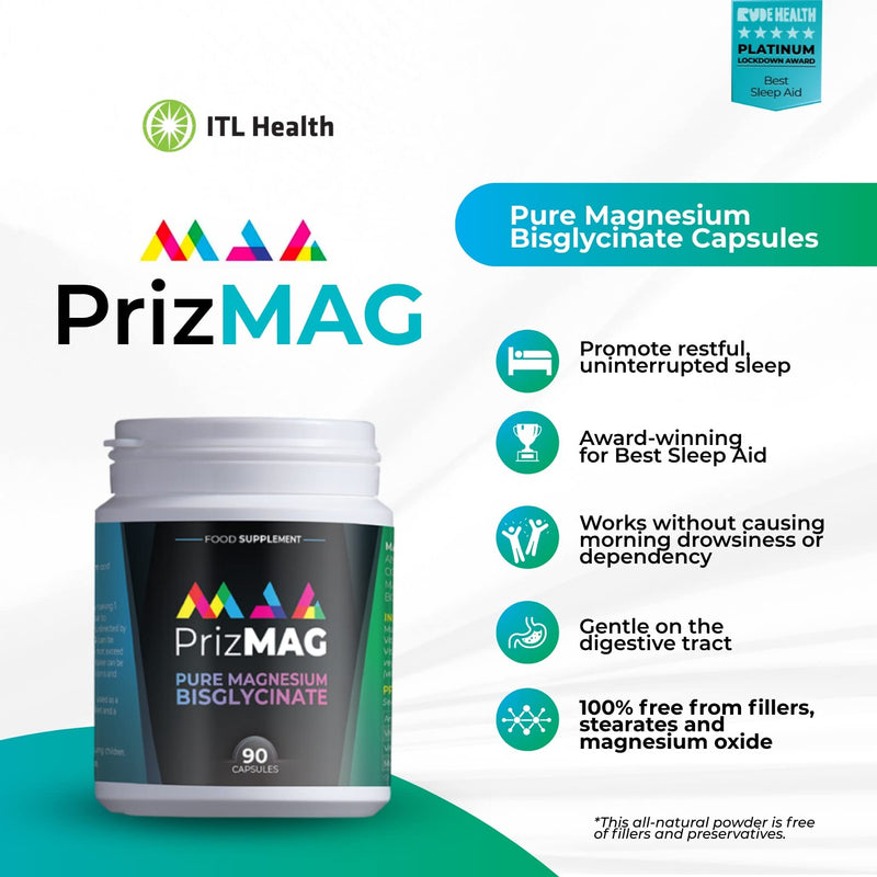 PrizMAG by ITL Health Vegan Magnesium Bisglycinate Capsules - 90ct - Digestive Health & Sleep Support Formula | High Absorption | No Fillers or Stearates | Magnesium Oxide Free (90 Caps) - BeesActive Australia