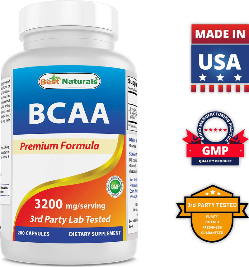 Best Naturals BCAA Branch Chain Amino Acid, 3200mg per serving, 200 Capsules - Pharmaceutical Grade - 100% Pure Instantized Formula | Pre/Post Workout Bodybuilding Supplement | Boost Muscle Growth - BeesActive Australia