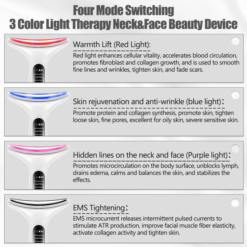 Aikertec Neck Face Massager, Electric Face and Neck Lifting Face Contouring Tool With 3 Colors of LED, Heating and Vibrating Skin Rejuvenating Beauty Device to Lift and Tighten Sagging Skin White - BeesActive Australia