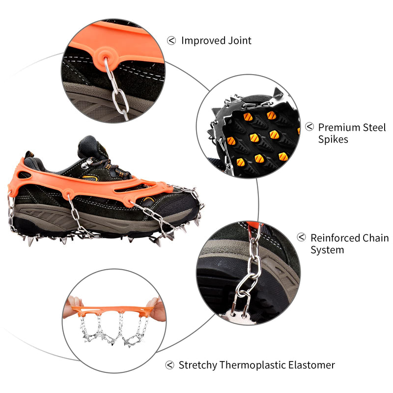 24 Spikes Crampons Ice Cleats, Traction Snow Grips for Boots Shoes,Anti-Slip Stainless Steel Microspikes for Hiking Walking Climbing Mountaineering-Orange X-Large - BeesActive Australia