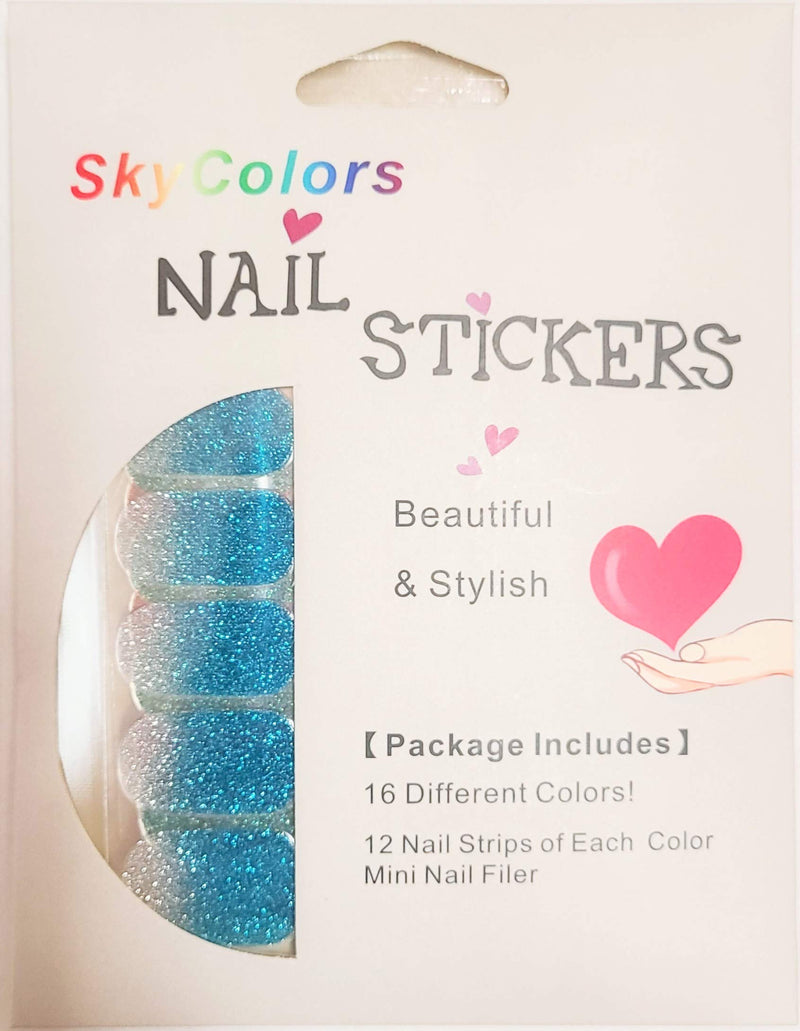 SkyColors Nail Wraps Polish Strips Glitter 16 Sheets Sticker Nails Wrap for Women with Nail File Stick on Press on Adhesive Nail Decal Shiny (Glitter) - BeesActive Australia