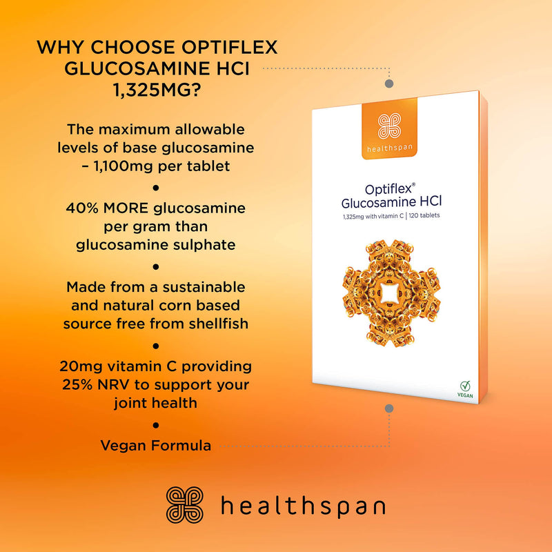 Healthspan Optiflex Glucosamine HCI 1,325mg with Vitamin C (8 Months' Supply) | Shellfish Free Vegan Tablets for Joint Health | 40% More glucosamine Than Glucosamine Sulphate | Added Vitamin C - BeesActive Australia