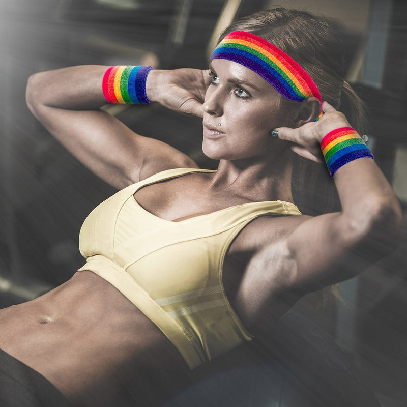 WILLBOND 3 Pieces Sweatbands Set, Includes Sports Headband and Wrist Sweatbands Striped Sweat Band for Athletic Men and Women (Rainbow) - BeesActive Australia