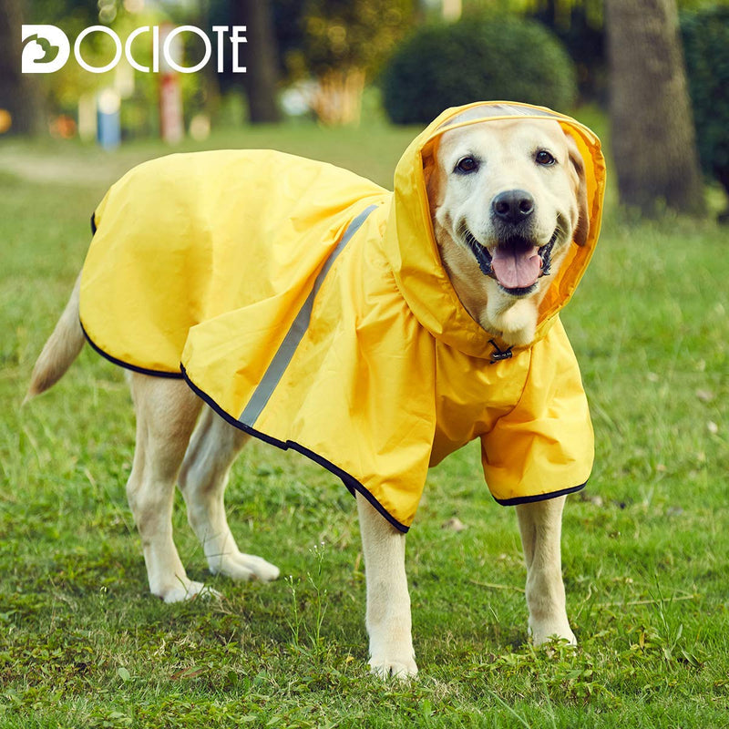 Dog Raincoat with Adjustable Belly Strap and Leash Hole - Hoodie with Reflective Strip - Waterproof Slicker Lightweight Breathable Rain Poncho Jacket for Medium Large Dogs - Easy to Wear 5XL (Back: 28.5") Yellow - BeesActive Australia
