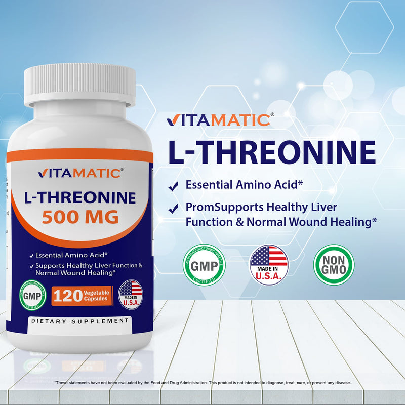 Vitamatic L-Threonine 500 mg 120 Vegetable Capsules - Promotes Healthy Liver, Cardiovascular & Structural Function - BeesActive Australia