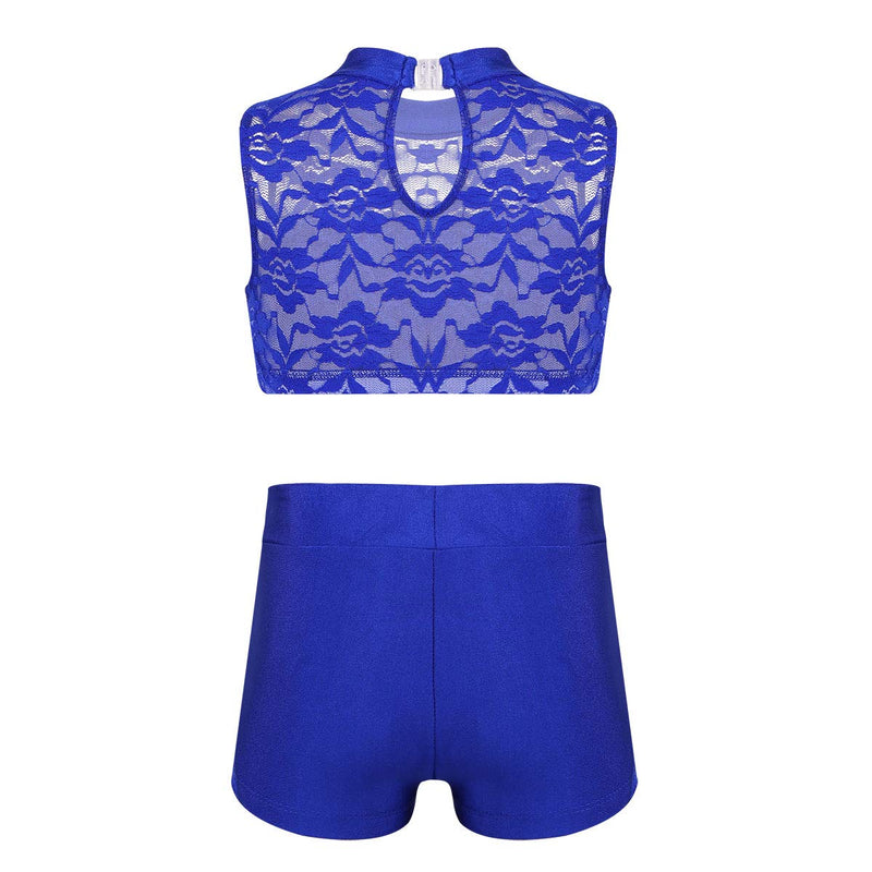 [AUSTRALIA] - moily Girls 2pcs Floral Lace High Turtleneck Crop Top with Booty Shorts Gymnastics Dance Sports Outfit Blue 10 