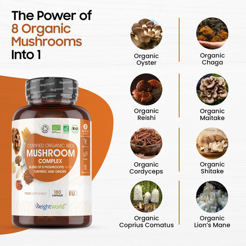 Organic Mushroom Complex 8-180 Capsules - 1000mg - Lion's Mane and 7 Mushroom Blends (Reishi, Chaga, Cordyceps, Shitake, Oyster, Maitake & Coprius) - Added Turmeric & Ginger - Vegan Capsules - BeesActive Australia