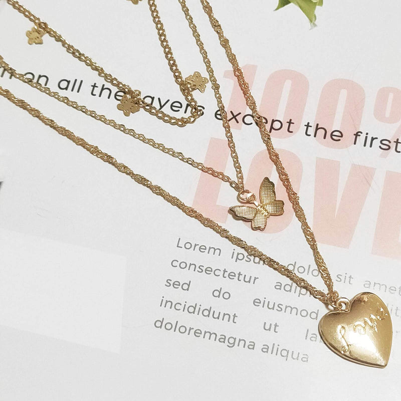 Butterfly Heart Pendant Necklace Crystal Star Circle Mutilayer Chain Gold Plated Jewelry for Women Girls (Gold C) Gold C - BeesActive Australia