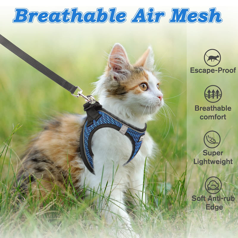 Cat Harness and Leash for Walking Escape Proof, Adjustable Kitten Vest Harness Reflective Soft Mesh Puppy Harness for Outdoor, Comfort Fit, Easy to Control S Blue - BeesActive Australia