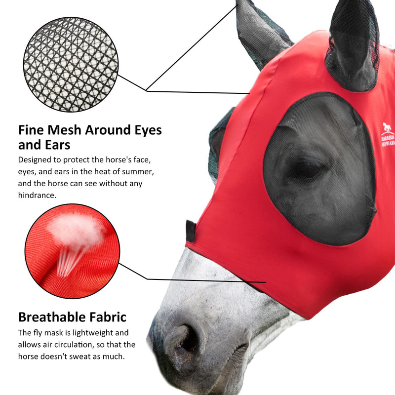 Harrison Howard Stretch, Breathable, UV Protective Fly Mask with Mesh Eye Opening for Full Visibility and Ventilating Ear Covers Full (Large) Lava Red - BeesActive Australia
