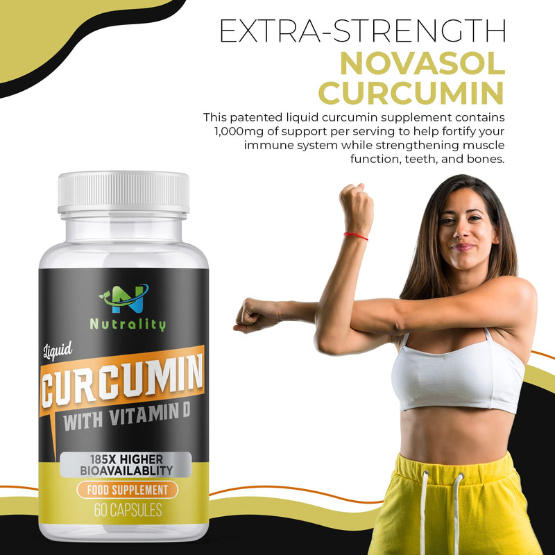Nutrality Liquid Turmeric Curcumin Supplement, 1000mg per Serving, NovaSOL Extra Strength and Bioavailable Natural Anti-Inflammatory with Vitamin D3 - BeesActive Australia