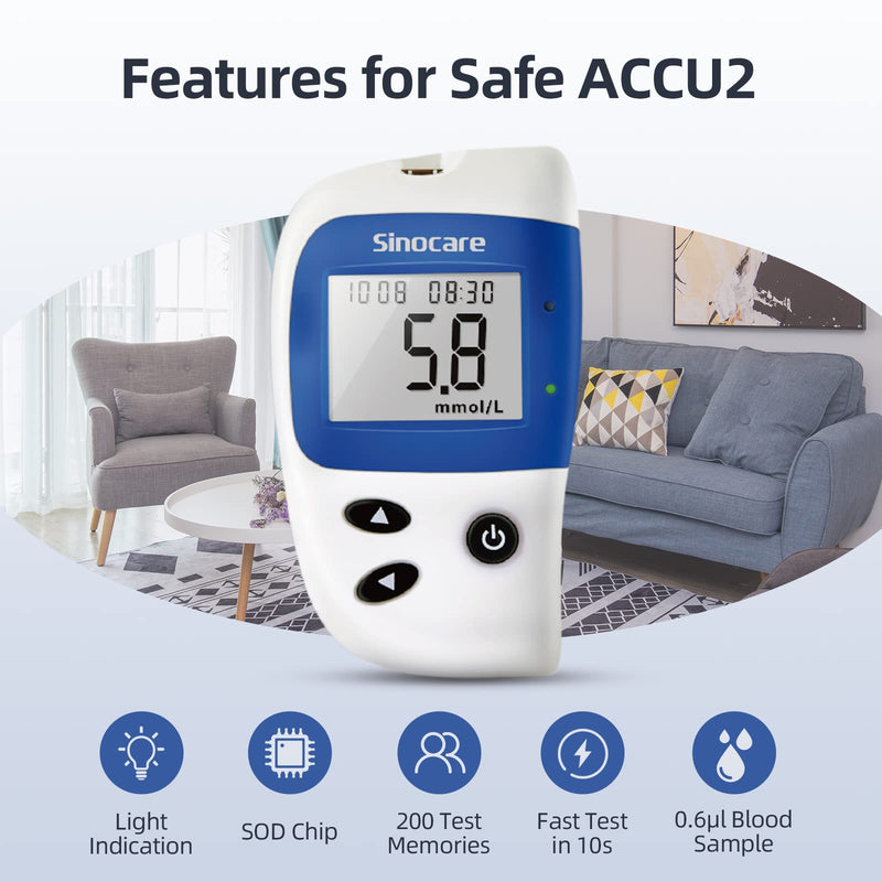Blood Sugar Monitor, Sinocare Safe Accu2 Blood Sugar Test Kit with 100 Test Strips, 100 Lans, Light Indicator, No Coding, Easy to Use, Diabetes Testing Kit Home Use UK, mmol/L Blood Sugar Test Kit - 100 - BeesActive Australia