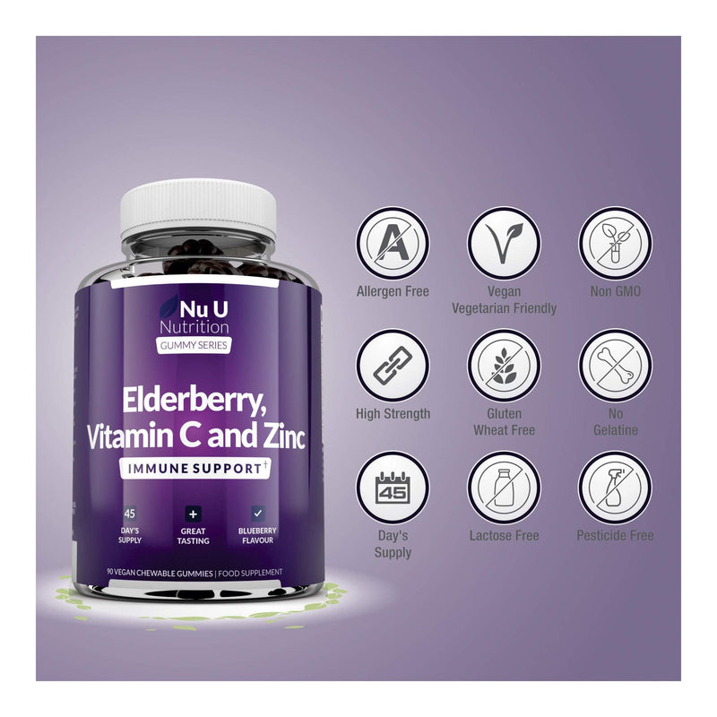 Elderberry Gummies for Adults & Kids - 90 Vegan Gummies with Sambucus Black Elderberry, Vitamin C & Zinc - Blueberry Flavour - Immune System Booster - BeesActive Australia