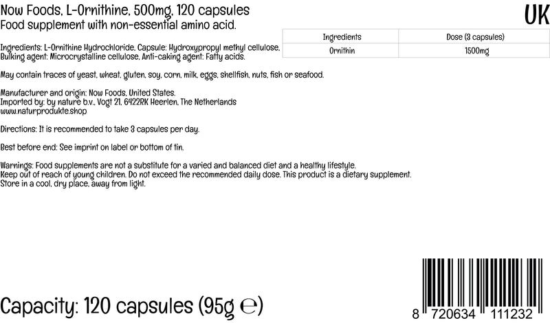 Now Foods, L-Ornithine, 500mg, 120 Vegan Capsules, Lab-Tested, Amino Acid, Gluten Free, Soy Free, Vegetarian - BeesActive Australia