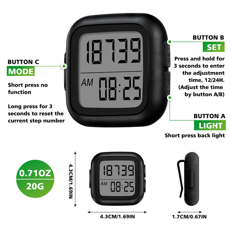 3D Pedometer for Walking with Clip, Simple Step Counter with Large Display, Track Steps, Activity Time and Back Light Accurate Step Counter for Walking for Men Women Seniors Kids 01-Black - BeesActive Australia