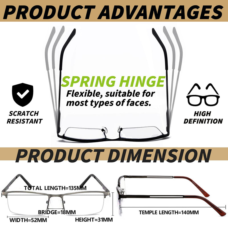 JJWELL 3 Pack Blue Light Reading Glasses for Men, Lightweight Metal Rectangle Semi Rimless Readers for Men, Anti Eyestrain/Computer Glare/UV, Half Frame Spring Hinge Eyeglasses with Pouches Black Gunmetal Brown 1.5 x - BeesActive Australia