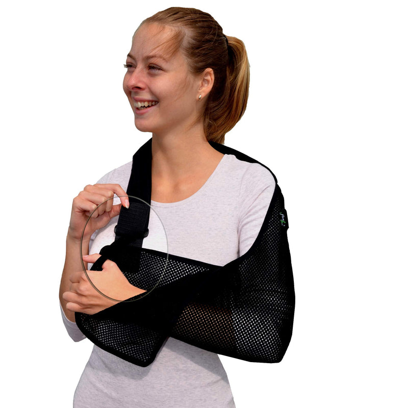 Adult ONE Size Arm Sling Shoulder Support (Black/Black) Medically Approved, Cool, Easy Fit, Thumb Loop, Unisex. Black/Black Trim - BeesActive Australia