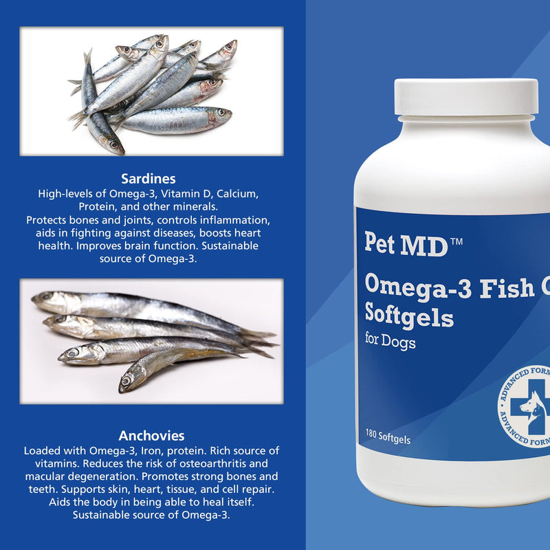 Pet MD – Omega 3 Fish Oil Supplement for Dogs – Skin, Coat, Joint, and Heart Health – 180 Softgels - BeesActive Australia