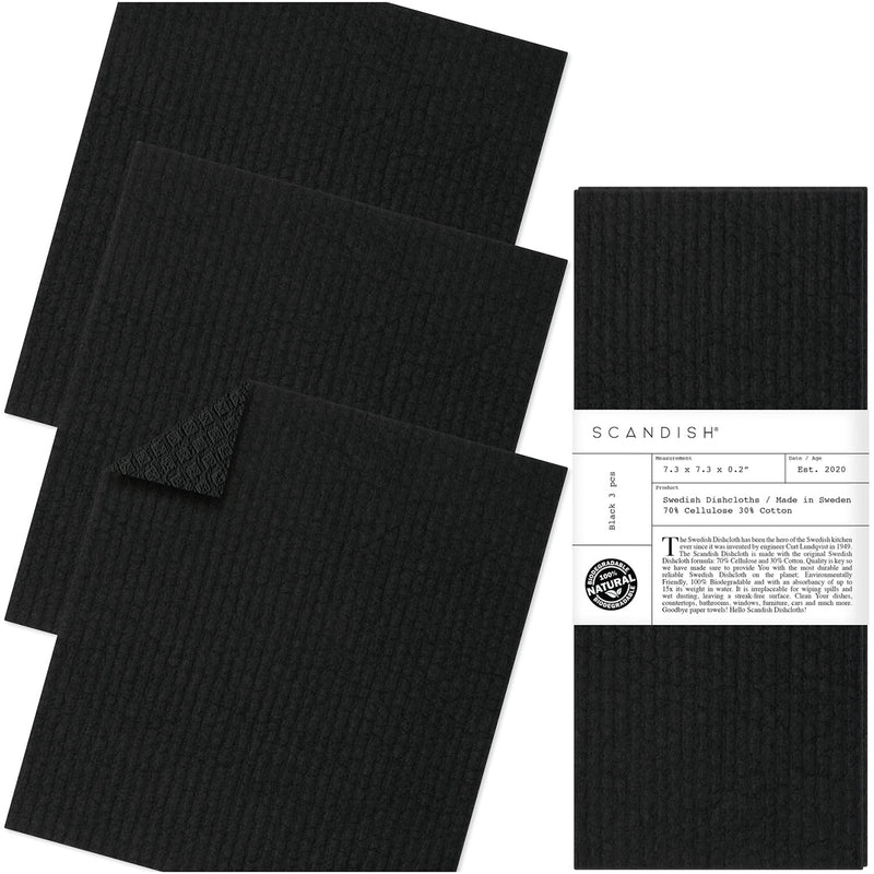 SCANDISH Black Swedish Dishcloths for Kitchen - Set of 3 Swedish Dish Cloths | Swedish Dish Towels Made in Sweden | Reusable, Compostable Black Dishcloths for Kitchen - BeesActive Australia