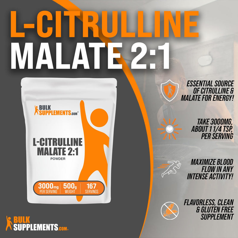 BULKSUPPLEMENTS.COM L-Citrulline Malate 2:1 Powder - L Citrulline Malate Supplement, Citrulline Malate Powder - Unflavored & Gluten Free - 3g per Servings, 167 Servings, 500g (1.1 lbs) 1.1 Pound (Pack of 1) - BeesActive Australia