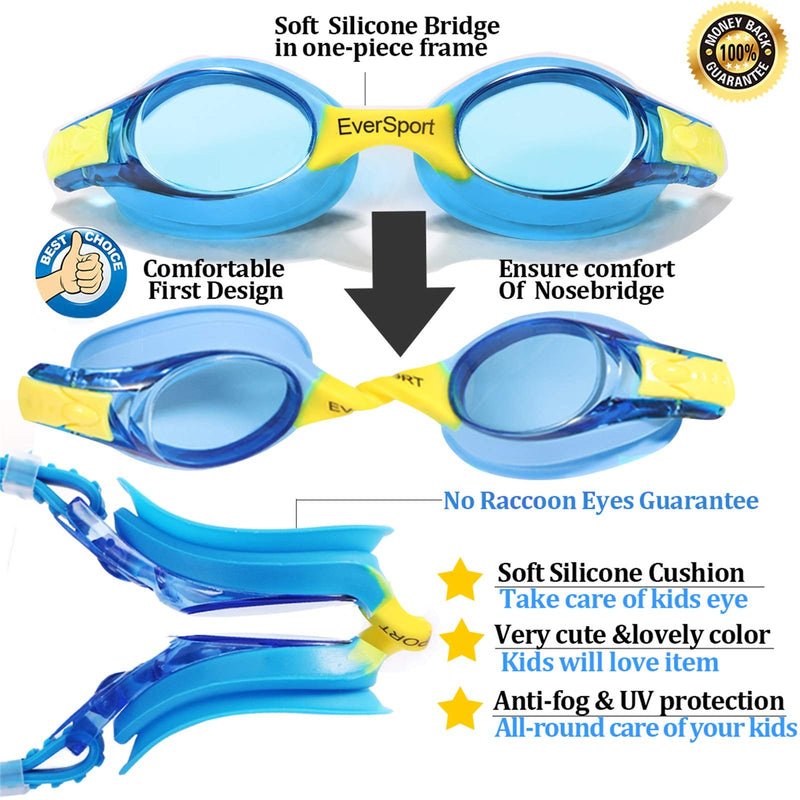 Kids Swim Goggles, Pack of 2, Swimming Goggles for Kids, Toddler Girl Boy Swim Goggles, Swimming Glasses for Children,Teens, Anti Fog, Waterproof, Soft Silicone, Clear Vision, Wide View (Age 3-12) Blue & Blue - BeesActive Australia