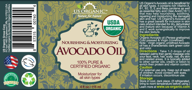 US Organic Avocado Oil Unrefined Virgin, USDA Certified Organic, 100% Pure & Natural, Cold Pressed, in Amber Glass Bottle w/Glass Eye dropper for Easy Application (4 oz (Large)) 4 Fl Oz (Pack of 1) - BeesActive Australia