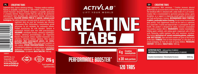 Activlab Creatine Tabs 120 tabs | Pomegranate | 4000mg Monohydrate | Muscle Building, Bodybuilding, Fitness, Cross-Fit | Boost Power, Endurance, Strength | Weightlifting, Powerlifting Gym Supplement - BeesActive Australia