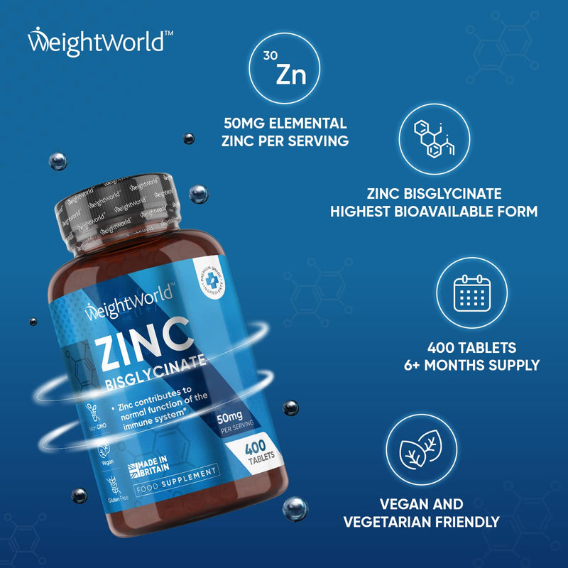 High Strength Zinc Tablets 50mg � 400 Vegan Zinc Bisglycinate Tablets 6+ Months Supply � High Absorption Zinc Supplements for Skin, Hair and Nail - Immunity Supplements for Men & Women - BeesActive Australia