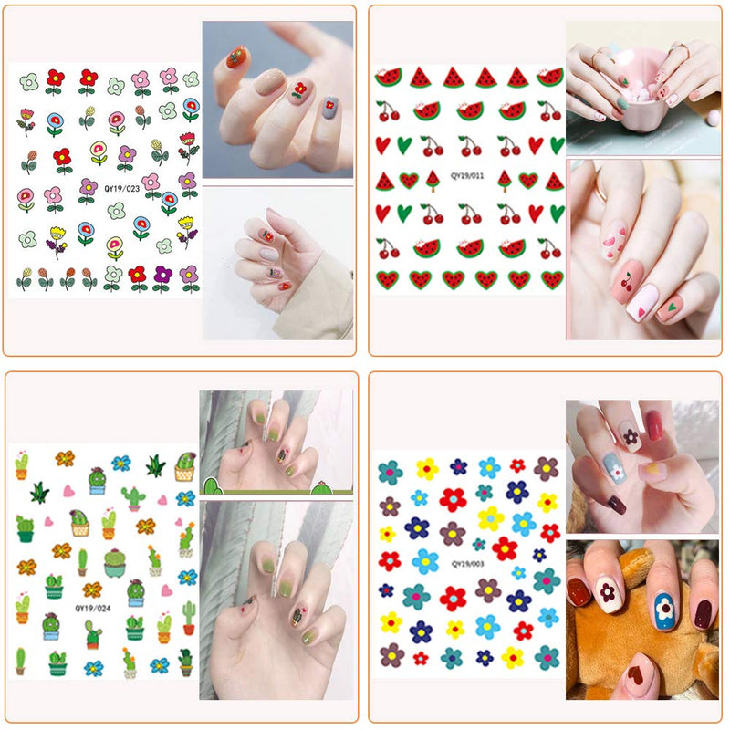 Nail Stickers for Women and Little Girls - 12 Sheets 3D Self-Adhesive DIY Nail Art Decoration Set Including Flowers Leaves Animals Plants Fruits Nail Decals for Woman Kids Girls 12 Pack - BeesActive Australia