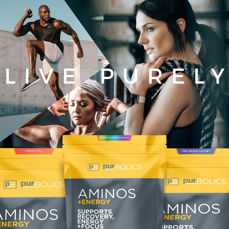 Purbolics Aminos + Energy | Supports Recovery, Energy & Focus | 95mg of Caffeine, 0 Calories & 60 Servings (Rainbow Candy) Rainbow Candy - BeesActive Australia